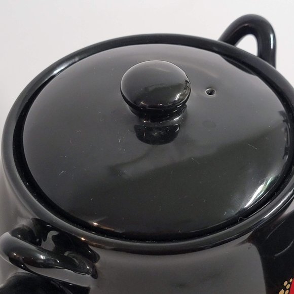 Black Teapot and Cup Set Red Flower Design Asian Missing Handle - Picture 5 of 14